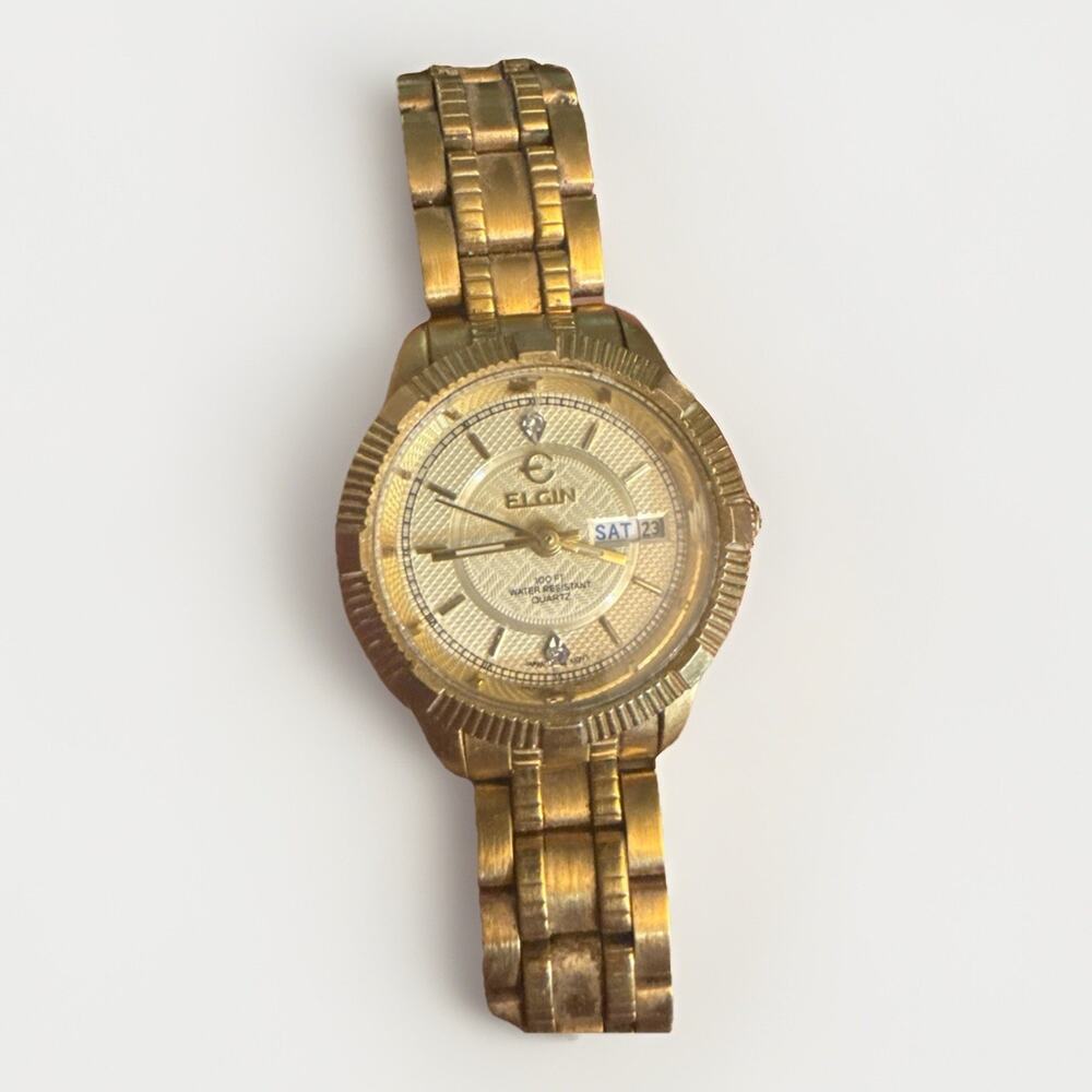 Elgin women’s Gold Tone Small Quartz Watch Day/Date‎ 100ft Water Resistant - Picture 3 of 12